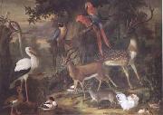 Jakob Bogdani Birds and deer in a Garden (mk25) oil on canvas
